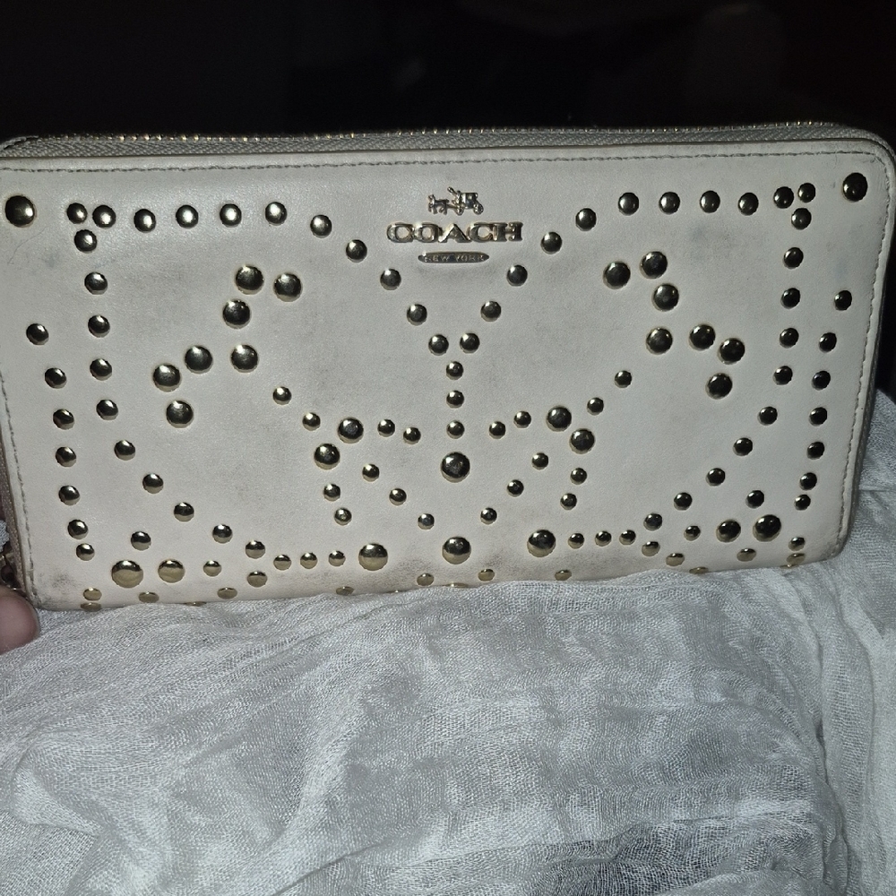 Coach Cream Studded Zip-Around Wallet with Gold Accents